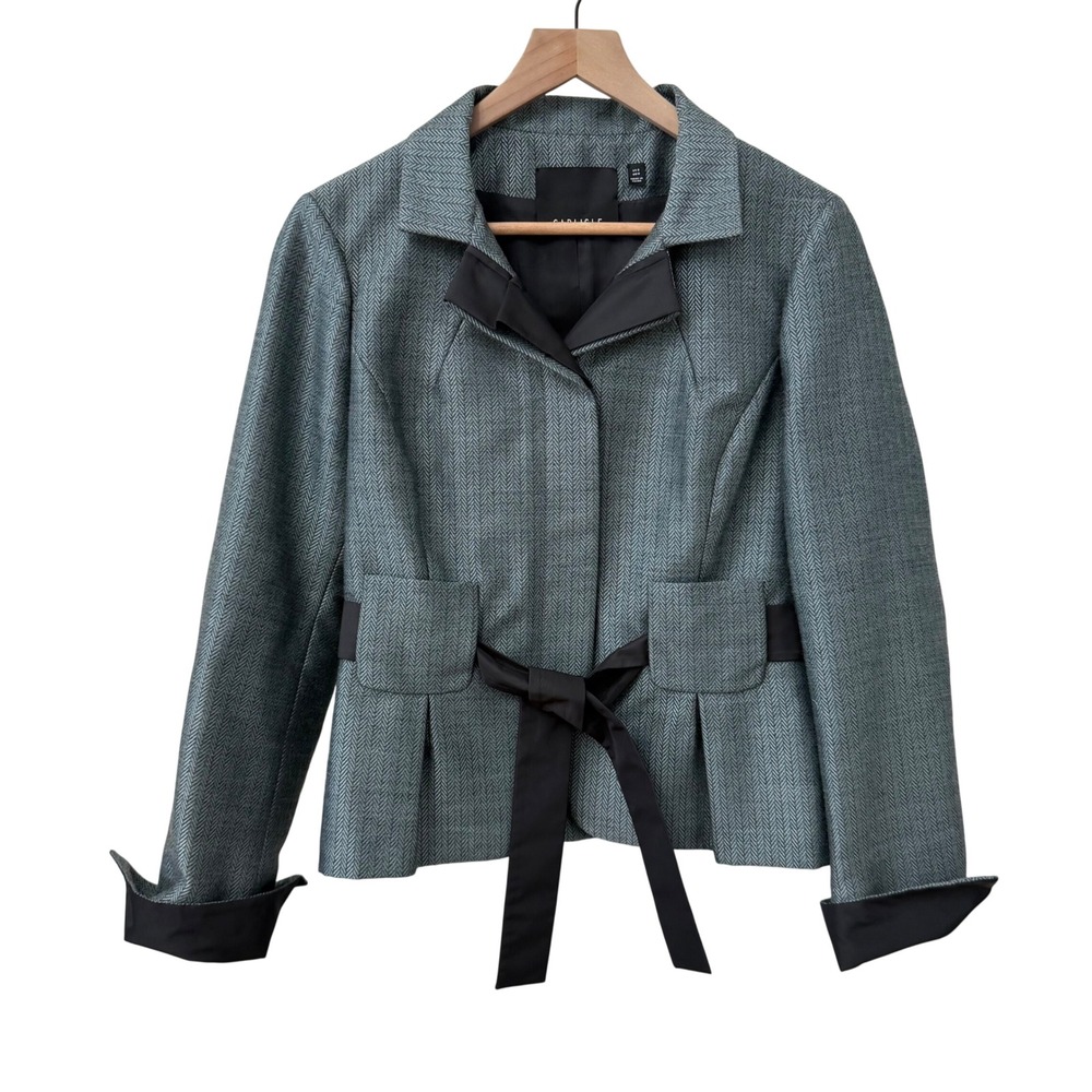 Carlisle Blazer Size 6 Teal Grey Herringbone Wool Blend Belted Peplum Jacket